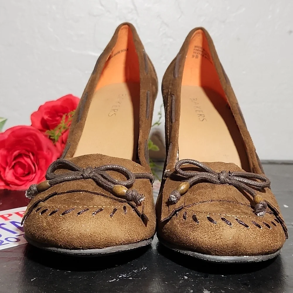 BAKERS Moccasin Wedge Heel Faux Suede Brown 9B